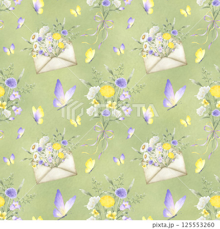 Watercolor yellow lilac wildflowers and butterflies seamless floral pattern. Field flowers and meadow grasses in bouquet tied ribbon bow and in old vintage envelope. Hand drawn illustration on green 125553260