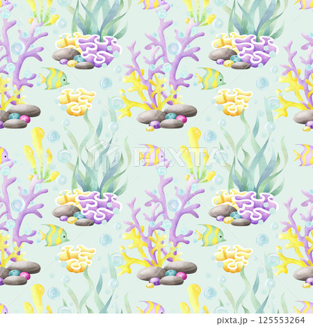 Seamless pattern with seaweed, corals, tropical fish and pebble on turquoise color. Hand drawn sea underwater watercolor illustration in yellow, lilac and green color for kids marine, nautical design Seamless pattern with seaweed, corals, tropical fish and pebble on turquoise color. Hand drawn sea underwater watercolor illustration in yellow, lilac and green color for kids marine, nautical design 125553264