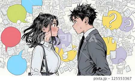 互いに相手の意見を十分に理解できないまま対話を続ける男女のビジネスパーソン