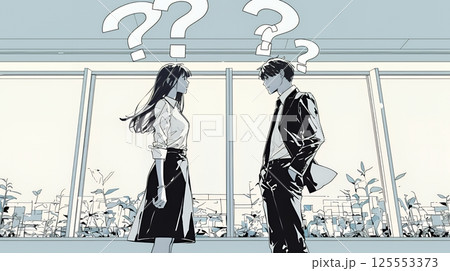 互いに相手の意見を十分に理解できないまま対話を続ける男女のビジネスパーソン