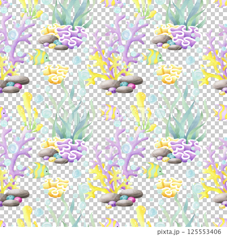Seamless pattern with seaweed, corals, tropical fish and pebbles isolated from background. Hand drawn sea underwater watercolor illustration in yellow, lilac and green color for kids nautical design Seamless pattern with seaweed, corals, tropical fish and pebbles isolated from background. Hand drawn sea underwater watercolor illustration in yellow, lilac and green color for kids nautical design 125553406