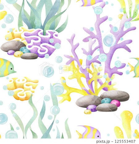 Seamless pattern with seaweed, corals, tropical fish and pebbles isolated from background. Hand drawn sea underwater watercolor illustration in yellow, lilac and green color for kids marine design Seamless pattern with seaweed, corals, tropical fish and pebbles isolated from background. Hand drawn sea underwater watercolor illustration in yellow, lilac and green color for kids marine design 125553407