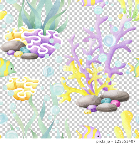 Seamless pattern with seaweed, corals, tropical fish and pebbles isolated from background. Hand drawn sea underwater watercolor illustration in yellow, lilac and green color for kids marine design Seamless pattern with seaweed, corals, tropical fish and pebbles isolated from background. Hand drawn sea underwater watercolor illustration in yellow, lilac and green color for kids marine design 125553407