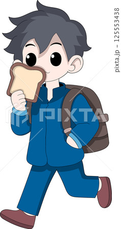 Cute Cartoon Schoolboy Eating Bread on the Way to School 125553438
