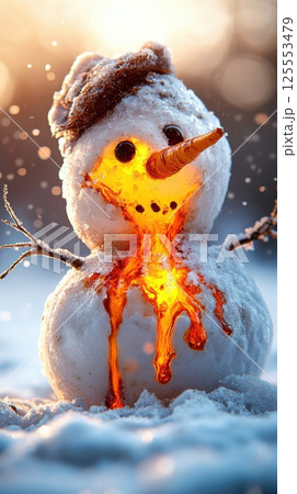Snowman glowing like molten lava under bright natural light in a winter landscape 125553479