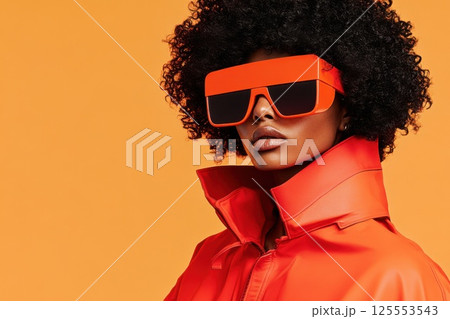 Model wearing oversized sunglasses poses with bright background in vibrant outfit 125553543