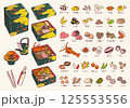 日本のおせち ベクターイラストセット（日本の伝統的なお正月料理, 重箱, お屠蘇, 祝箸） 125553556