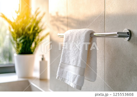 Bright bathroom with chrome heated towel rail and natural sunlight illuminating space Bright bathroom with chrome heated towel rail and natural sunlight illuminating space 125553608