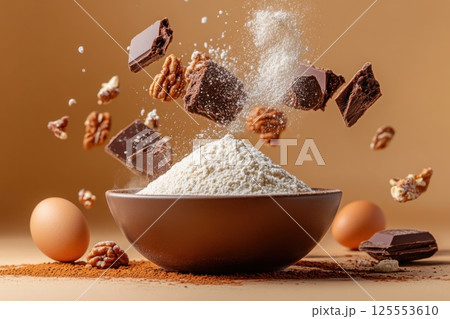 Dessert ingredients float gracefully above a mixing bowl in bright airy composition 125553610
