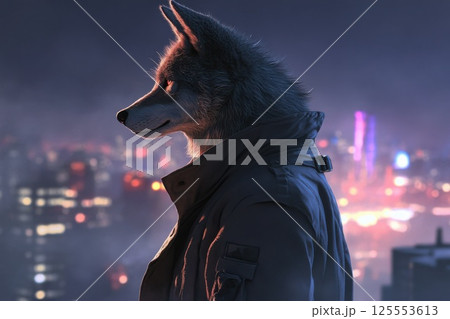 Mysterious wolf in trench coat stands before a vibrant city skyline at night 125553613