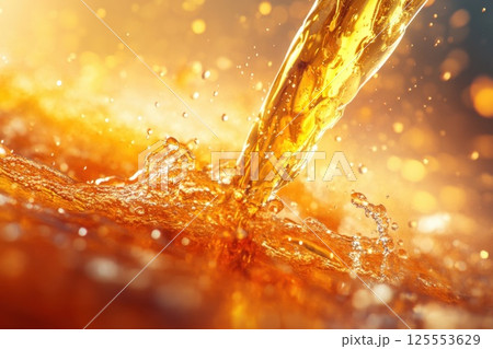 Sparkling champagne pours into flute with bright reflections and bubbles in a celebratory setting 125553629