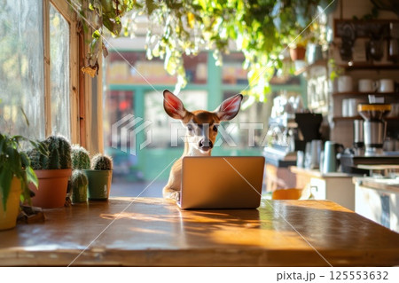 Deer works remotely in a bright coffee shop surrounded by greenery and cozy decor Deer works remotely in a bright coffee shop surrounded by greenery and cozy decor 125553632