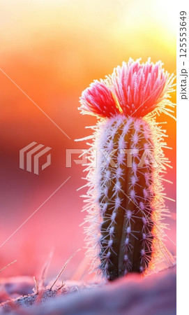 Frosty cactus blooms in glowing desert sand during bright daylight 125553649