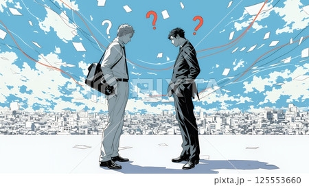 互いに相手の意見を十分に理解できないまま対話を続ける二人のビジネスマン