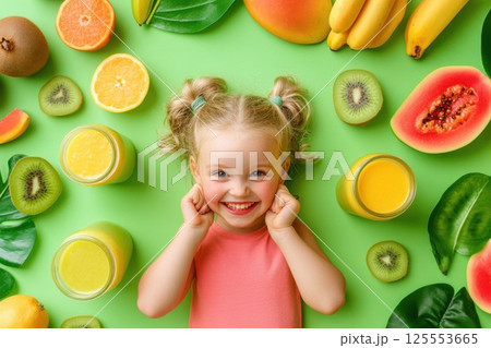 Bright tropical smoothies and fresh fruits create a fun and lively atmosphere 125553665