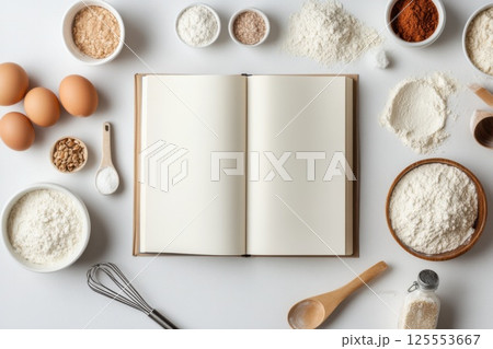 Open cookbook surrounded by fresh ingredients and cooking tools on a clean surface 125553667