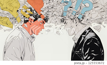 互いに相手の意見を十分に理解できないまま対話を続ける二人のビジネスマン