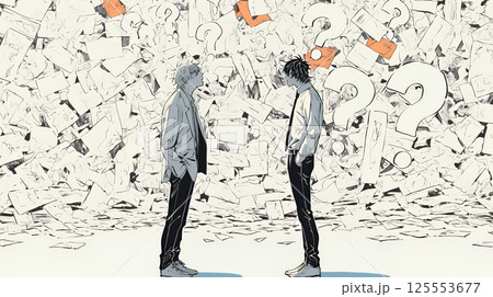 互いに相手の意見を十分に理解できないまま対話を続ける二人のビジネスマン