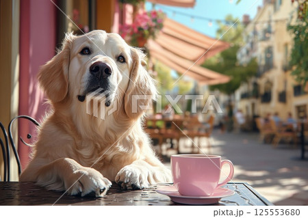 Golden retriever enjoys a coffee break at a sunny cafe table with a relaxed demeanor 125553680