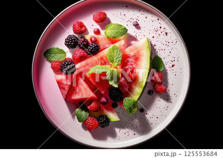 Delicious summer fruit salad with watermelon and berries arranged on a stylish white plate 125553684