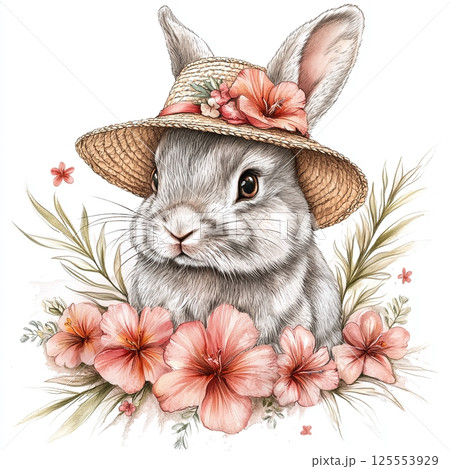 Cute rabbit in straw hat adorned with flowers. Pretty fashion bunny illustration 125553929
