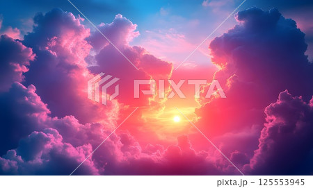 Purple sky with blue clouds, amazing orange sunset, background for design with copy space 125553945