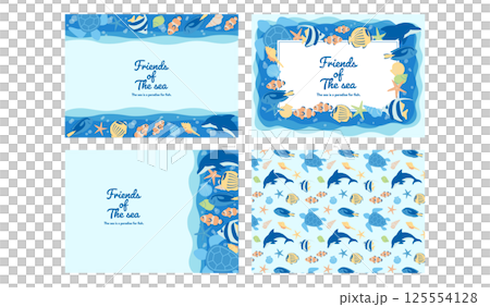 Cute sea creatures horizontal background set A4 size 125554128