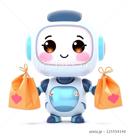 Cute robot holding shopping bags. Delivery android bot, 3d cartoon style 125554140