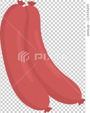 Two red uncooked sausages hanging side by side over black. Two red uncooked sausages hanging side by side over black. 125554205