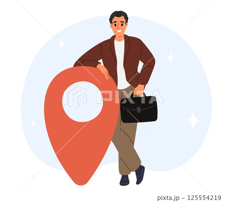 Businessman stands to large locational marker indicating corporate office location. Big business navigation pin. Traffic route icon. GPS navigator technology. Way search. Vector concept 125554219