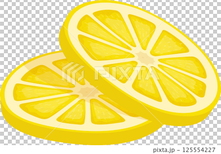 Two lemon slices against a black background, juicy and vibrant. 125554227