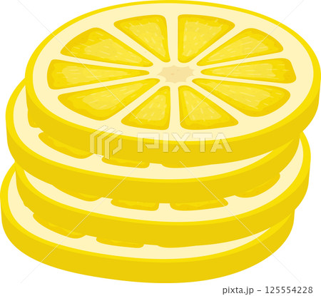 Stack of juicy yellow lemon slices, perfect for a summer drink Stack of juicy yellow lemon slices, perfect for a summer drink 125554228