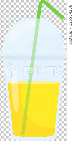 Yellow drink in a plastic cup with straw on a black background. Yellow drink in a plastic cup with straw on a black background. 125554236