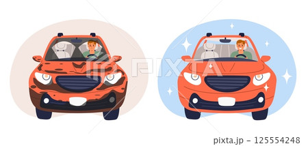 Dirty passenger car and clean washed sparkling car. Shiny vehicle. Unclean dusty transport with dirt splatters. Automotive cleaner station. Happy and sad auto driver. Vector concept 125554248