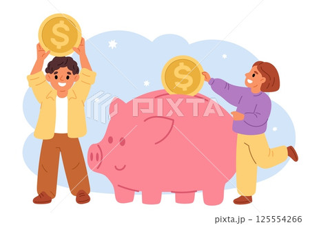 Girl and boy collect gold coins in piggy bank. Savings and investment. Kids put money in piggybank. Financial literacy. Finance deposit. Children moneybox. Economy profit. Vector concept 125554266
