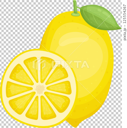 Fresh whole lemon and half lemon illustration on black background 125554267
