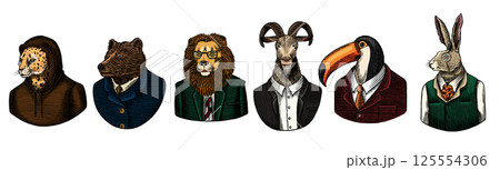 6 different animals and birds in humans clothes and suits. Lion, tuscan bird and bear next to rabbit 125554306