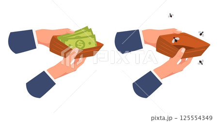 Rich and poor businessman. Hands holding full of money or empty wallet. Purse with fly. Business bankruptcy. Dollar cash in pouch. Financial success. Wealth or poverty. Vector concept Rich and poor businessman. Hands holding full of money or empty wallet. Purse with fly. Business bankruptcy. Dollar cash in pouch. Financial success. Wealth or poverty. Vector concept 125554349