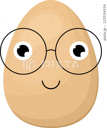 Cartoon egg with glasses and a smile on a black background. 125554354