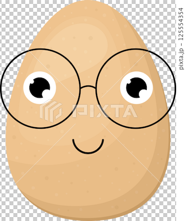 Cartoon egg with glasses and a smile on a black background. 125554354