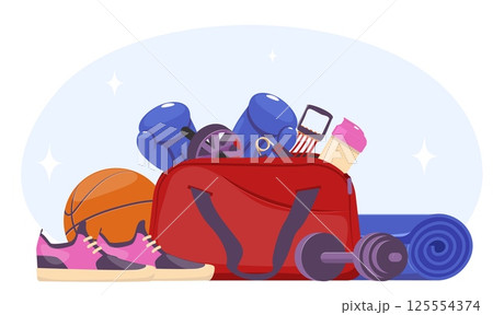 Sporty red bag with sportsman equipment for athletic activities. Gym training. Boxing gloves. Sneakers and dumbbells. Water bottle. Ball and mat for workout. Vector fitness objects 125554374