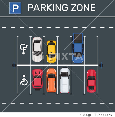 Urban parking area with passenger cars top view. Auto transportation. Outdoor road garage zone. Transport drive. Vehicle place for disabled person. Vector automobile city traffic poster 125554375