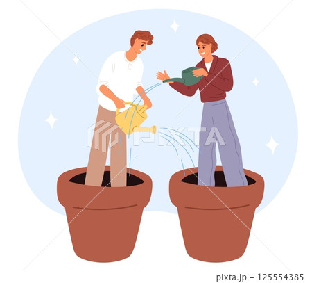 Woman and man in flower pot watering each other. Help in self improvement and personal growth. Potential progress development. Skills cultivation. People grow ambition. Vector concept 125554385