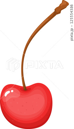Illustration of a bright red cherry with a long brown stem. 125554386