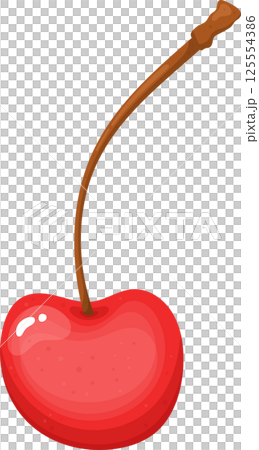 Illustration of a bright red cherry with a long brown stem. 125554386