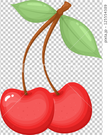 Pair of Cherries with Stems and Leaves on Black Background 125554389