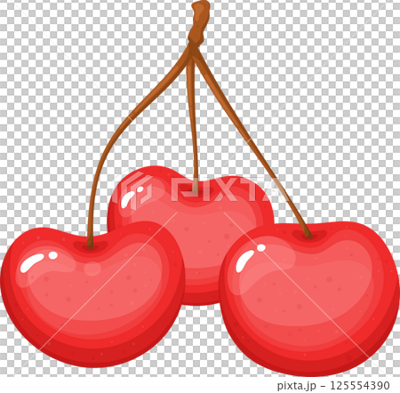 Three bright red cherries hanging from a shared brown stem. Three bright red cherries hanging from a shared brown stem. 125554390