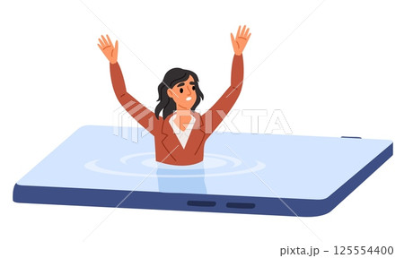 Woman drowns on cell phone screen. Human addiction smartphone. Social media user. Online technology. Addicted girl swimming in liquid display. Dependence of internet. Vector concept Woman drowns on cell phone screen. Human addiction smartphone. Social media user. Online technology. Addicted girl swimming in liquid display. Dependence of internet. Vector concept 125554400