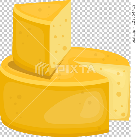 Wheel of cheese with a wedge taken out and placed on top. 125554415