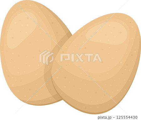 Two beige oval shaped chicken eggs on a plain background. 125554430